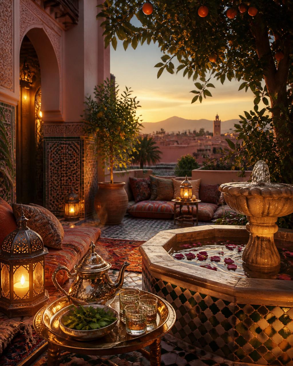Patio marocain au coucher du soleil — l'esprit d'accueil de Marrakech